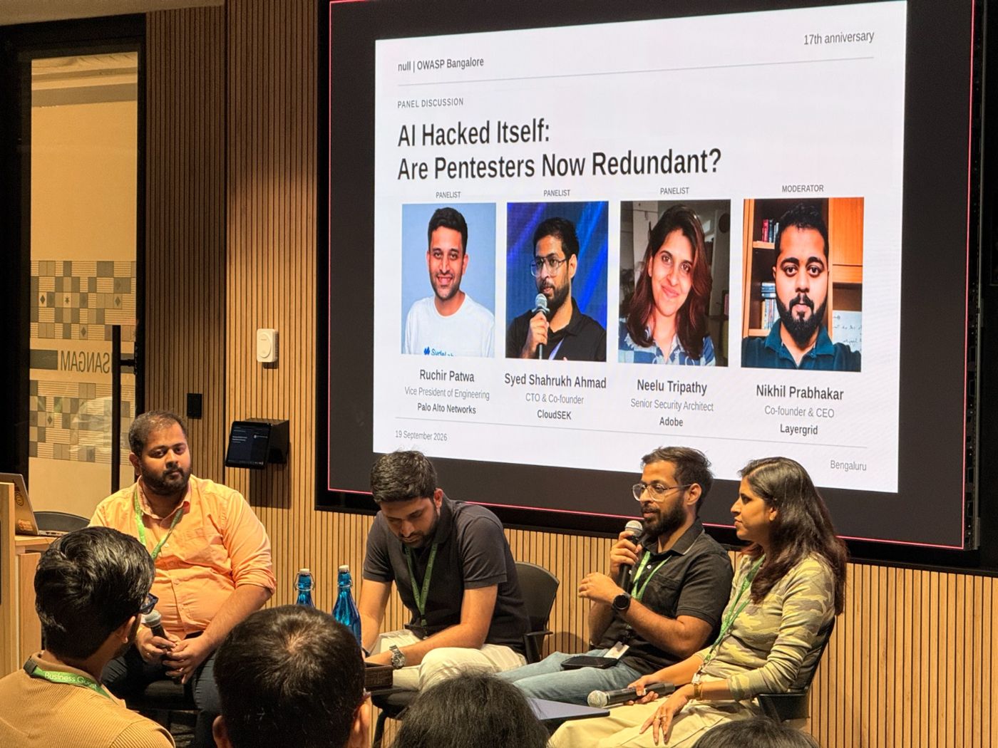 Panel on stage at the null and OWASP Bangalore 17th anniversary